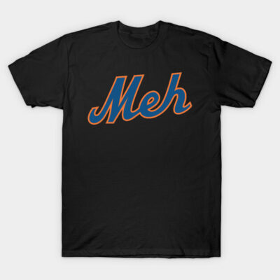 "Black t-shirt with 'Meh' text in blue and orange, casual style, soft cotton material, perfect for everyday wear."
