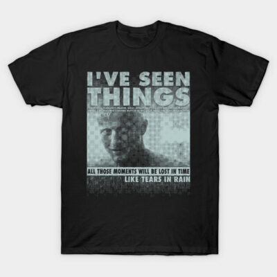 Black graphic t-shirt with "I've Seen Things" text and futuristic design, casual wear, cotton material.