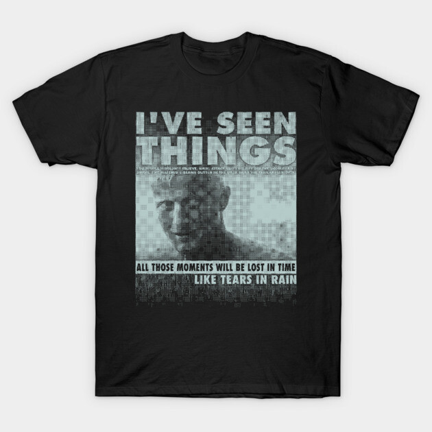 Black graphic t-shirt with "I've Seen Things" text and futuristic design, casual wear, cotton material.