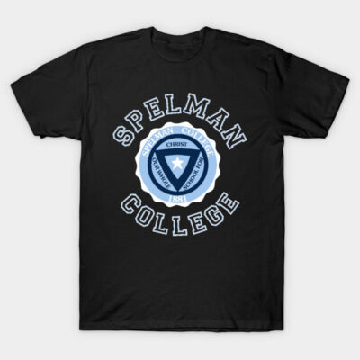 Black Spelman College T-shirt featuring blue and white emblem, casual style, cotton material.