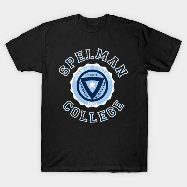 Black Spelman College T-shirt featuring blue and white emblem, casual style, cotton material.