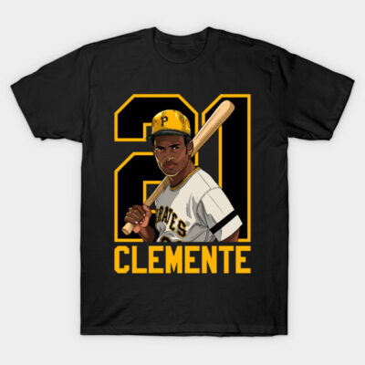 Black t-shirt featuring baseball-themed graphic design with number 21 and "Clemente" text, casual wear.