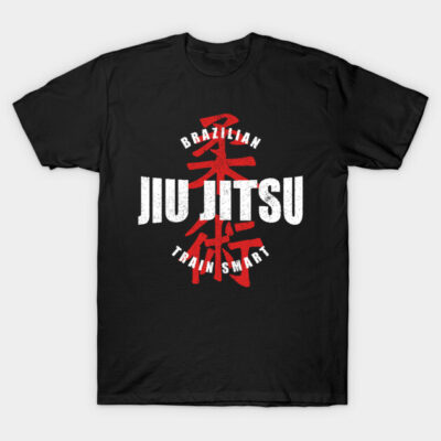 Black Brazilian Jiu Jitsu t-shirt, red and white graphic design, casual wear, cotton material, martial arts theme.