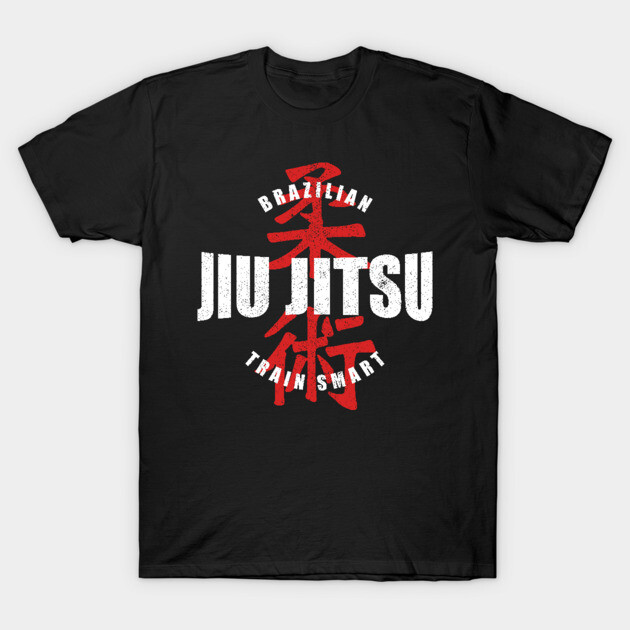 Black Brazilian Jiu Jitsu t-shirt, red and white graphic design, casual wear, cotton material, martial arts theme.