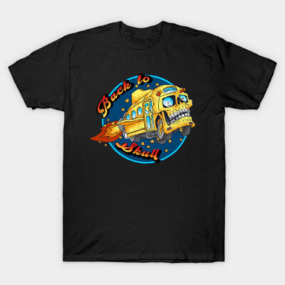 Black t-shirt with colorful "Back to Skull" graphic, featuring a yellow school bus with vibrant details, casual wear.