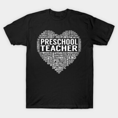Black T-shirt with white text forming a heart shape featuring "Preschool Teacher" design, ideal for educators.