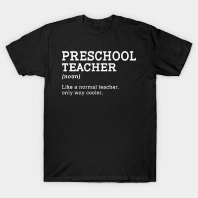 "Black cotton t-shirt with 'Preschool Teacher' text, casual style, perfect for educators, comfortable and stylish."