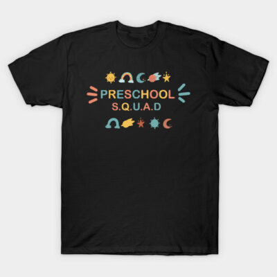 Black "Preschool Squad" graphic t-shirt with colorful playful design for kids. Casual wear, soft cotton material.