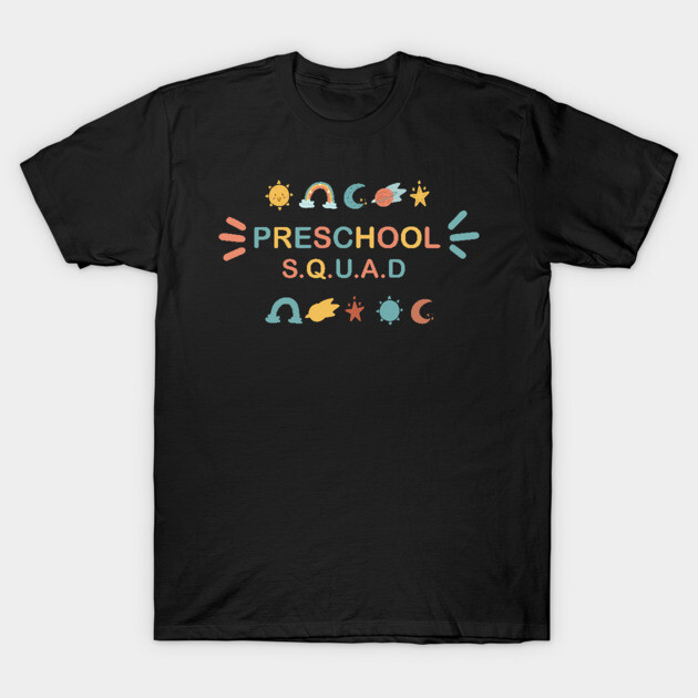 Black "Preschool Squad" graphic t-shirt with colorful playful design for kids. Casual wear, soft cotton material.