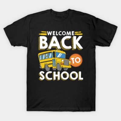 Black T-shirt with "Welcome Back to School" text and yellow school bus graphic, ideal for casual wear.