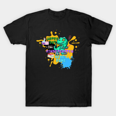 Black t-shirt with colorful dinosaur and text design for kids, ideal for kindergarten or back-to-school occasions.