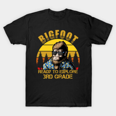Black t-shirt with Bigfoot graphic and "Ready to Explore 3rd Grade" text, perfect for school or casual wear.