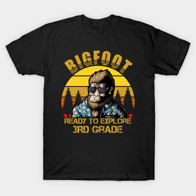 Black t-shirt with Bigfoot graphic and "Ready to Explore 3rd Grade" text, perfect for school or casual wear.