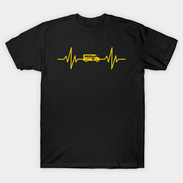Black T-shirt with yellow bus and heartbeat graphic, casual style, cotton material, perfect for everyday wear.