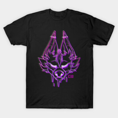 Black t-shirt with neon purple wolf design, unisex casual wear, cotton material, suitable for everyday use.