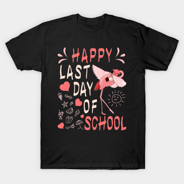 Black "Last Day of School" T-shirt with flamingo graphic, perfect for end-of-school celebrations.