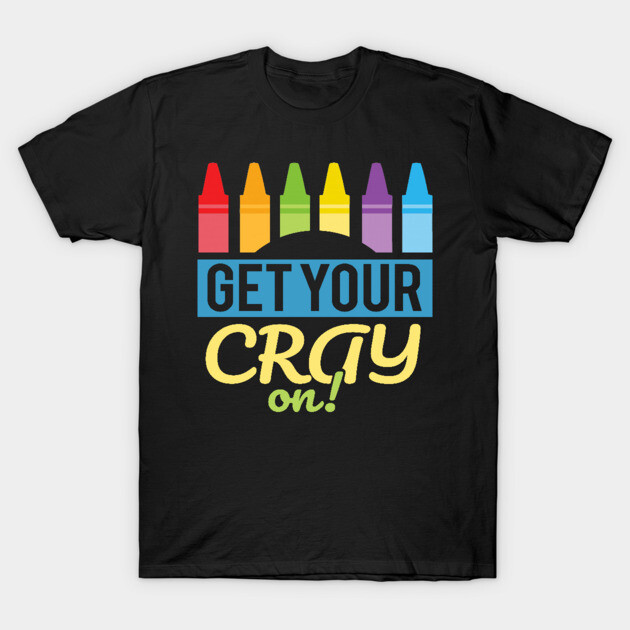 Black T-shirt with colorful crayon graphic and "Get Your Cray On" text, casual style, cotton material.