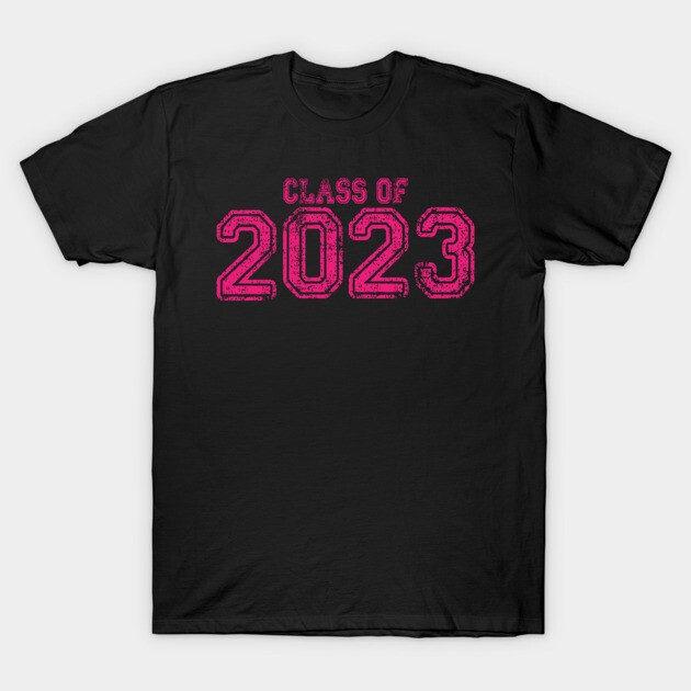 Black "Class of 2023" T-shirt with pink text, casual style, perfect for graduation celebrations or keepsakes.