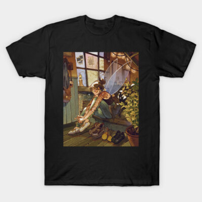 Black t-shirt with whimsical fairy art, featuring a cozy room setting. Perfect for casual wear and fantasy lovers.