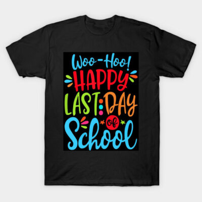 Black "Happy Last Day of School" t-shirt with colorful text, casual style, perfect for school events or celebrations.