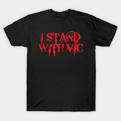 Black graphic T-shirt with bold red text design, casual style, cotton material, perfect for everyday wear.