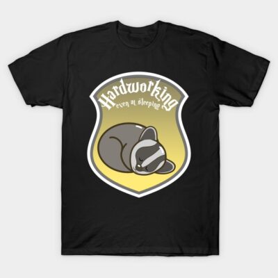 Black t-shirt with cute sleeping sloth graphic and "Hardworking even at sleeping" text, casual wear, cotton fabric.