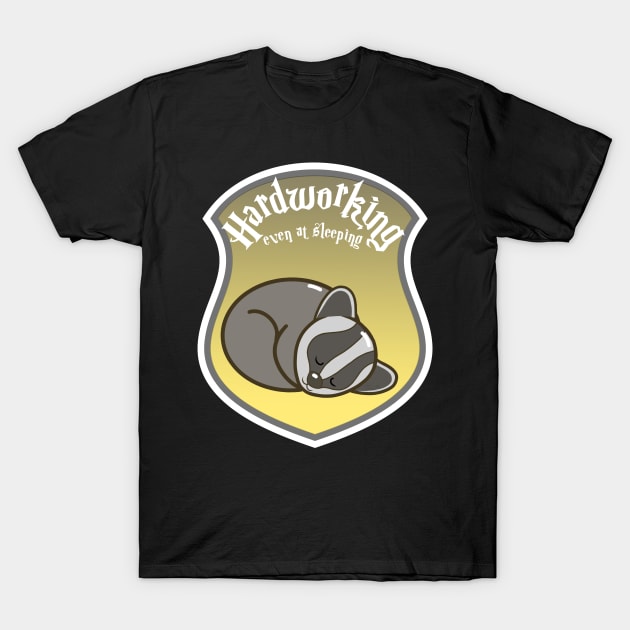 Black t-shirt with cute sleeping sloth graphic and "Hardworking even at sleeping" text, casual wear, cotton fabric.