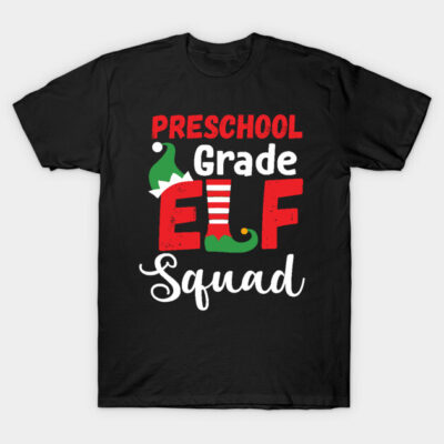 Black "Preschool Grade Elf Squad" Christmas t-shirt, festive design with red, green, and white text and graphics.