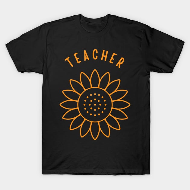 Black t-shirt with orange sunflower and "Teacher" text, casual style, cotton material, ideal for educators.