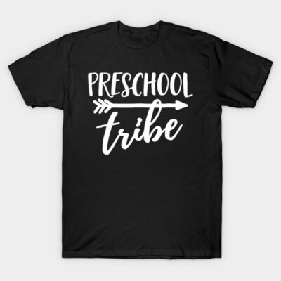 Black "Preschool Tribe" t-shirt with white text and arrow design, casual style, ideal for preschool teachers or parents.