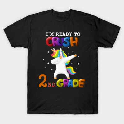 Black t-shirt with colorful "I'm Ready to Crush 2nd Grade" unicorn graphic, suitable for school kids.