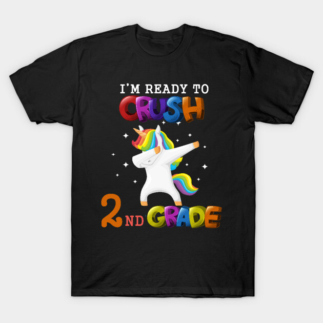 Black t-shirt with colorful "I'm Ready to Crush 2nd Grade" unicorn graphic, suitable for school kids.