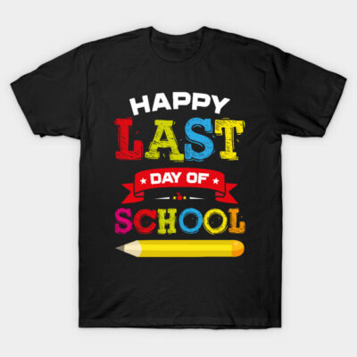 Black T-shirt with colorful "Happy Last Day of School" text and pencil graphic, perfect for school events.