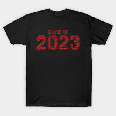 Black "Class of 2023" t-shirt with red text, casual style, soft cotton material, perfect for graduates and school events.