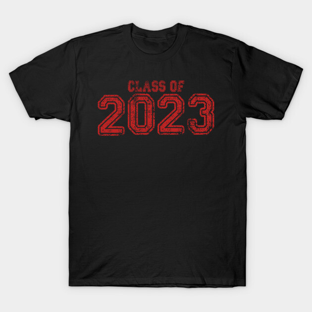 Black "Class of 2023" t-shirt with red text, casual style, soft cotton material, perfect for graduates and school events.