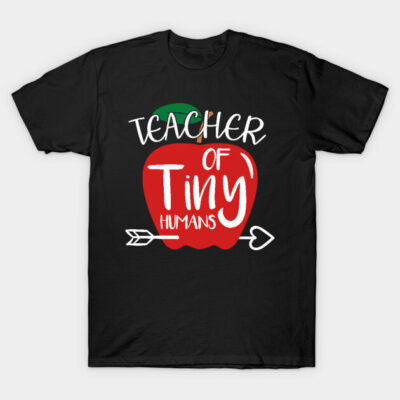 Black t-shirt with "Teacher of Tiny Humans" text, featuring red apple and arrow design, ideal for educators.