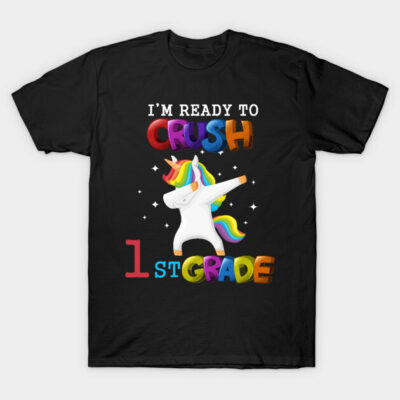 Black t-shirt with colorful "I'm Ready to Crush 1st Grade" unicorn design, ideal for kids' back-to-school.