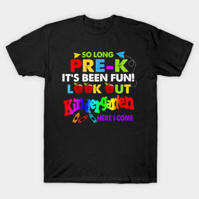 Black T-shirt with colorful "So Long Pre-K, Look Out Kindergarten" text, perfect for school graduation celebration.