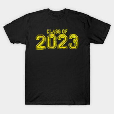 "Black Class of 2023 T-shirt with yellow text, casual cotton tee for graduates, unisex style, comfortable fit"