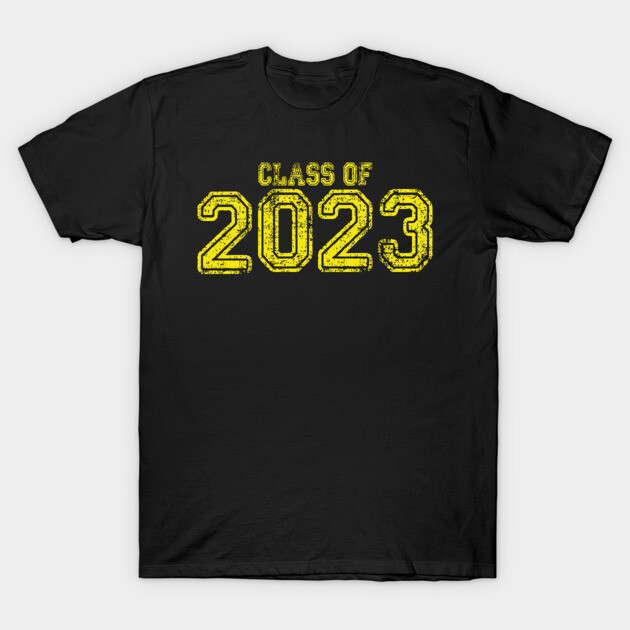 "Black Class of 2023 T-shirt with yellow text, casual cotton tee for graduates, unisex style, comfortable fit"