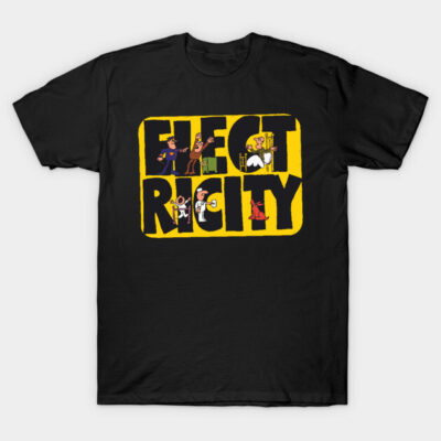 Black "Electricity" graphic T-shirt, bold yellow text with characters, casual wear, 100% cotton, unisex design.