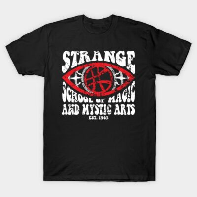 Black t-shirt with red mystical eye graphic and white text, "Strange School of Magic and Mystic Arts." Casual wear.