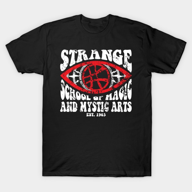 Black t-shirt with red mystical eye graphic and white text, "Strange School of Magic and Mystic Arts." Casual wear.