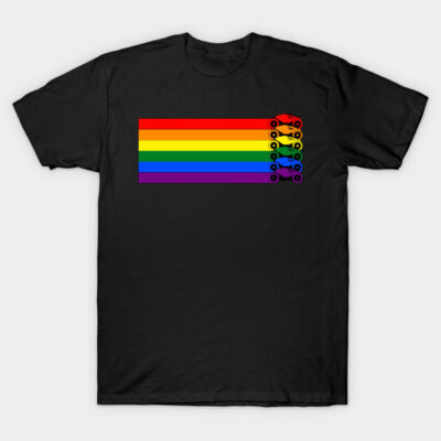 Black t-shirt with rainbow stripes and car design, cotton material, casual style for everyday wear.