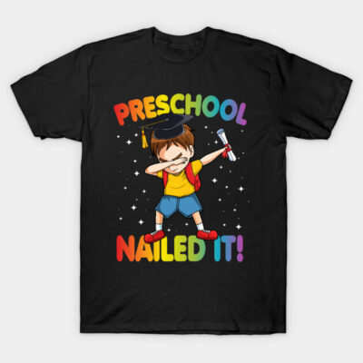 Black preschool graduation t-shirt with colorful "Preschool Nailed It!" design featuring a child in cap and gown.