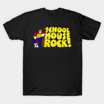 Black "Schoolhouse Rock!" graphic t-shirt, featuring colorful retro design, casual wear, soft cotton material.