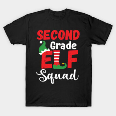 Black "Second Grade Elf Squad" T-shirt with festive red, green, and white graphic design, ideal for holiday events.