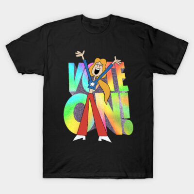 Black t-shirt with colorful "Vote On!" graphic and cartoon character design, casual wear, 100% cotton.