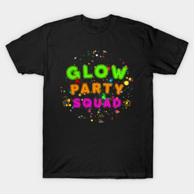 Black T-shirt with "Glow Party Squad" in vibrant colors, perfect for party wear. Cotton material, casual style.