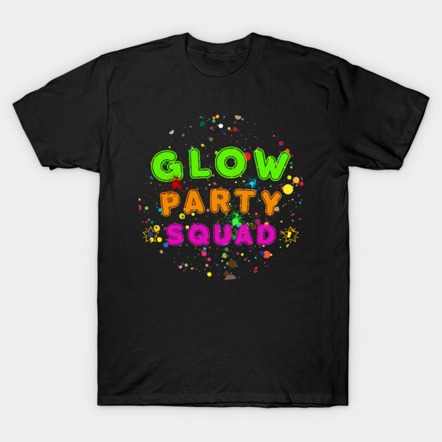 Black T-shirt with "Glow Party Squad" in vibrant colors, perfect for party wear. Cotton material, casual style.